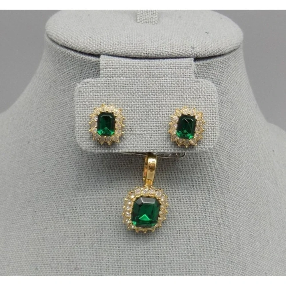 Roman Emerald Green & Clear CZ Signed Pendant & Pierced Earrings Set Rhinestone